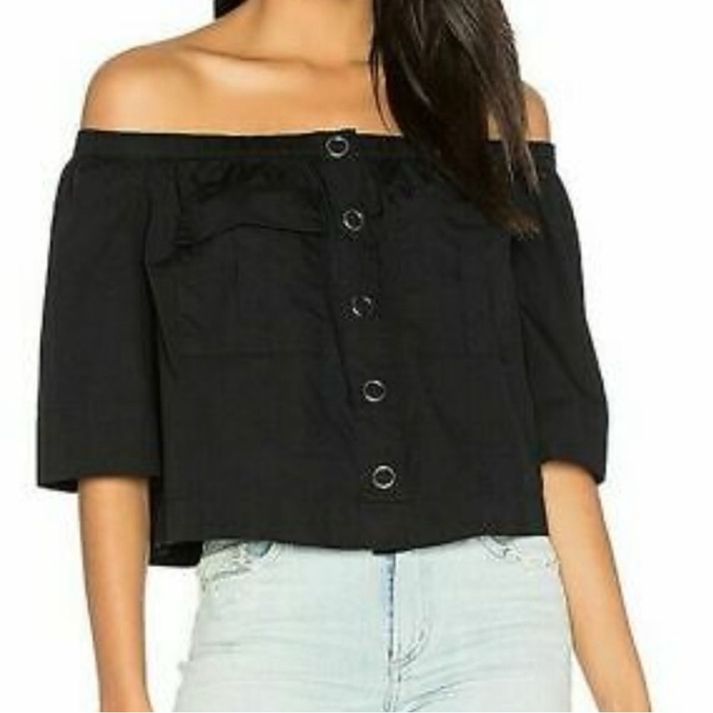 Free People Black Head Over Heels Button Front Off Shoulder Top Size Small